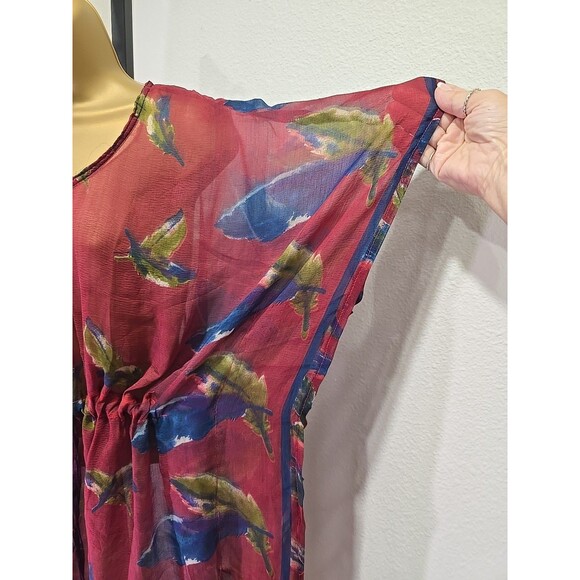 Red Multicolor Tassel Tie Sheer Blouse Top OS Boho Floral Oversized Fairy Grunge - Picture 3 of 7